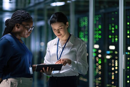 Server and data center professional team of it engineers working together with a tablet in a digital technology room