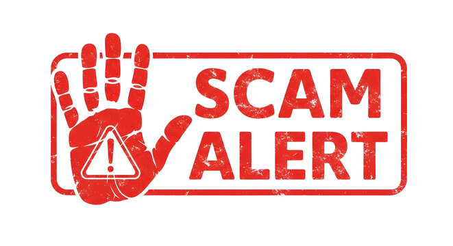 Scam alert rubber stamp with red hand symbol warning about online fraud and digital cyber security
