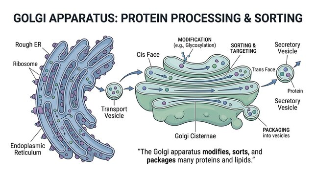 Golgi apparatus biological diagram isolated on transparent background illustrating protein processing, sorting, and packaging in a cell with rough endoplasmic reticulum and transport vesicles.