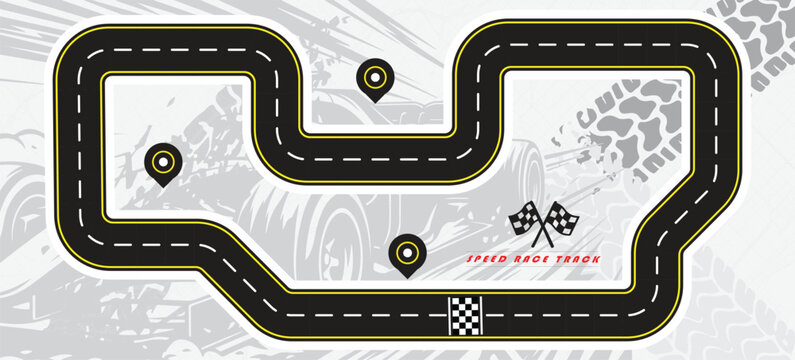 Speed Race Background. Race track in black color with tyre marks and city map on a white background.