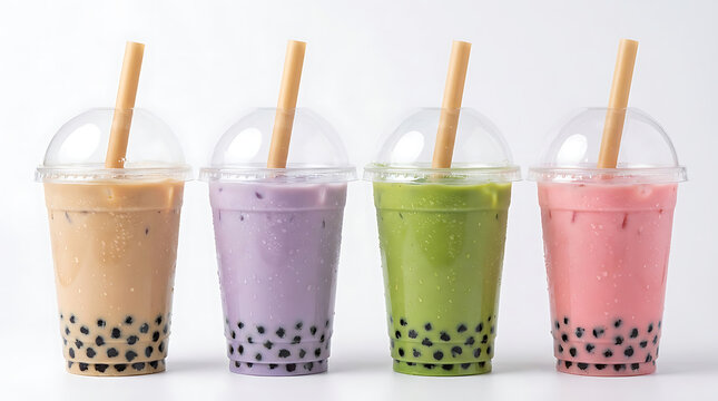 Four colorful bubble tea drinks with tapioca pearls in plastic cups with straws isolated on white background