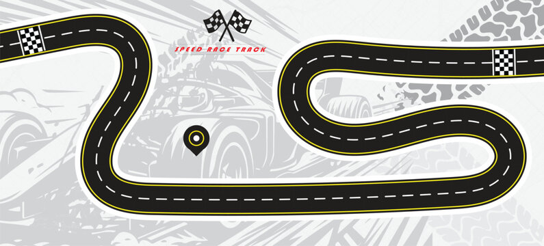 Speed Race Background. Race track in black color with tyre marks and city map on a white background.