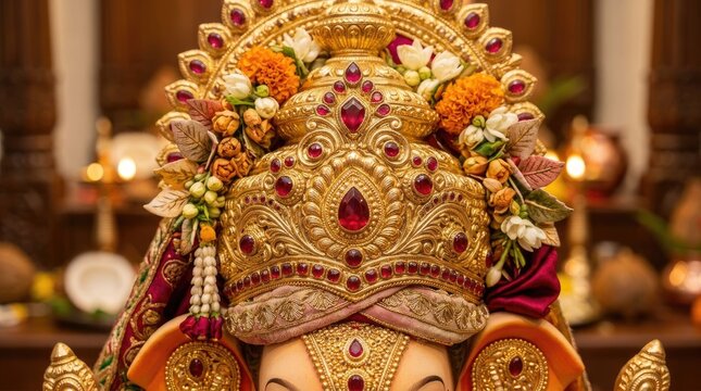 An elegant closeup of a beautifully decorated idol with intricate details and vibrant floral arrangements