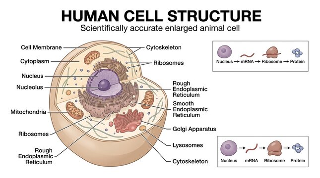 Human cell structure illustration isolated on transparent background showing organelle anatomy