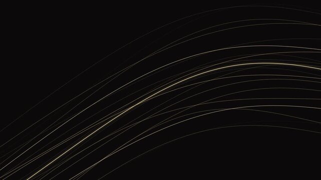Abstract flowing golden lines curving across a dark void representing motion and connection in space where light waves travel through darkness creating artistic patterns for digital display