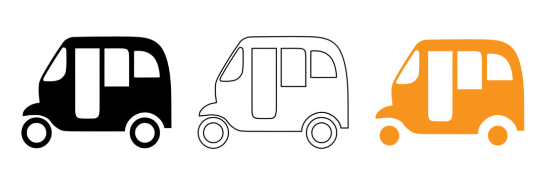 Three colorful auto rickshaw illustrations in black outline and yellow styles