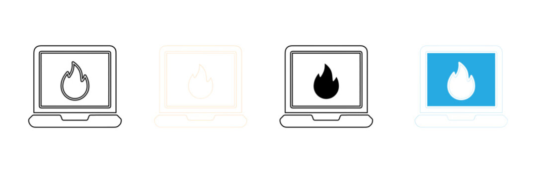 Four variations of a laptop with a flame icon on the screen design