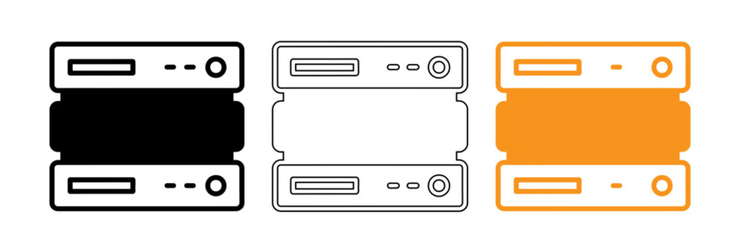 Set of external hard drives in black white and orange line art style