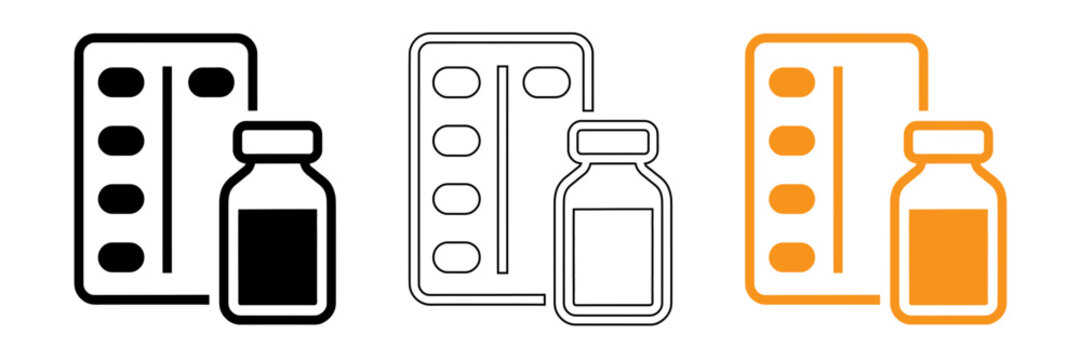Medicine packaging and bottle icons set in black white and orange colors