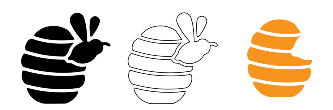 Three stylized bee illustrations in black silhouette outline and solid orange colors