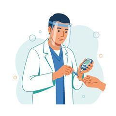 Fototapeta premium Doctor in face shield checks blood sugar with glucose meter, illustration of diabetes care and health screening