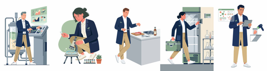 Obraz premium Professional scientists and researchers working in various laboratory settings conducting experiments and analyzing data in a modern flat vector illustration style.