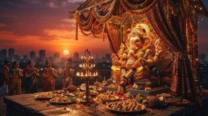 Fototapeta premium A stunning evening celebration of lord ganesha amidst a dramatic sunset and festive decorations in an urban setting