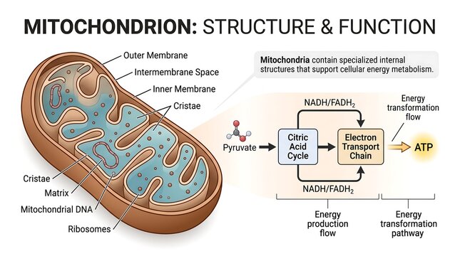 Mitochondrion structure and function scientific diagram showing cellular energy metabolism, citric acid cycle, and ATP synthesis