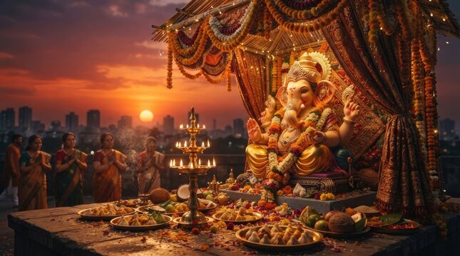 A stunning evening celebration of lord ganesha amidst a dramatic sunset and festive decorations in an urban setting