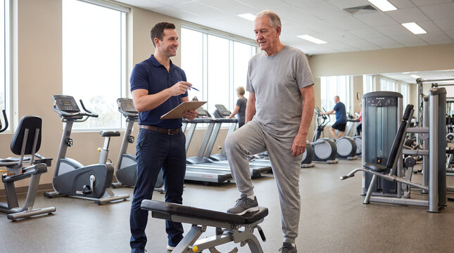 Senior Man Exercising on Step Bench with Physiologist in Cardiac Rehab Gym