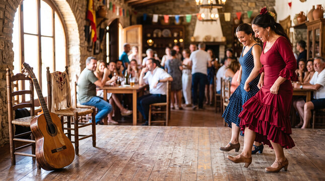 Two smiling women performing traditional Spanish flamenco dance in a rustic tavern