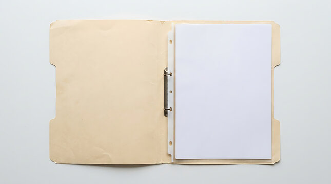 Open manila file folder with a single blank white sheet of paper inside, isolated on white background