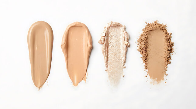 Four different textures and shades of cosmetic foundation makeup swatches isolated on white background