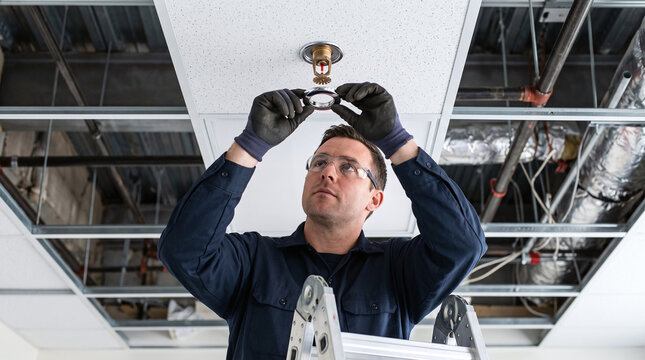 Fire safety technician installing an escutcheon ring on a ceiling sprinkler head