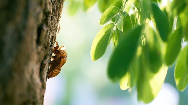 Empty cicada shell clinging to bark, green leaves, morning light, growth