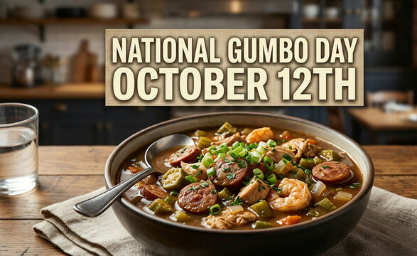 National Gumbo Day October 12th banner featuring a warm bowl of traditional seafood and sausage gumbo