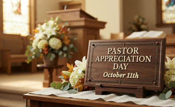 Pastor Appreciation Day October 11th wooden plaque on a church altar with floral arrangements