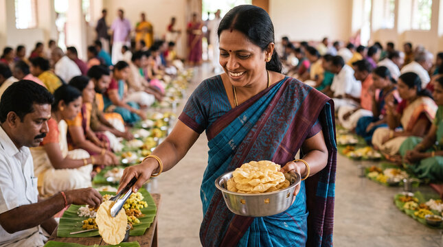 Indian woman serving crispy pappadam during a traditional Onam sadya feast