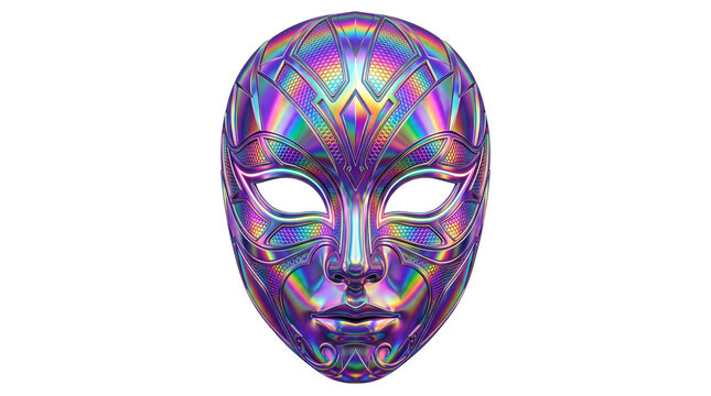 Holographic iridescent mask with geometric patterns, futuristic metallic face mask on white background, shiny chrome masquerade accessory
