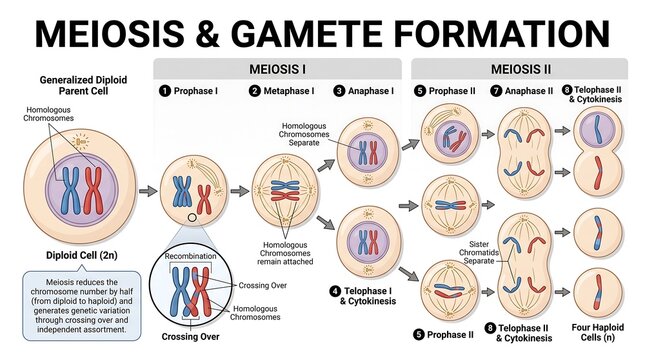 Meiosis and gamete formation diagram isolated on transparent background