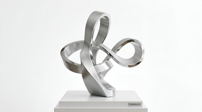 Abstract brushed metal infinity sculpture on white base with abstract art modern decor contemporary sculpture minimalist design geometric shape artistic ornament silver sculpture art object
