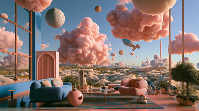 Surrealist style dreamlike scene with floating object above colorful landscape