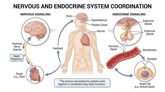 Nervous and endocrine system coordination diagram isolated on transparent background