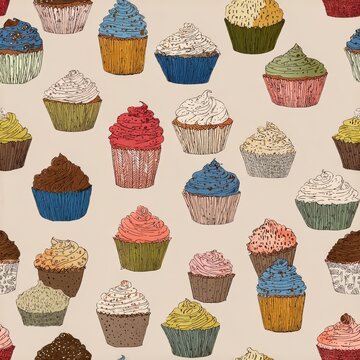 Cute hand-drawn vector cupcakes with decorative icing, glittery sprinkles, and patterned cupcake liners, arranged as a charming collection