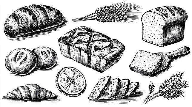Monochrome vector illustration of wheat products in doodle style, featuring artisanal bread outlines with engraved details and rustic charm