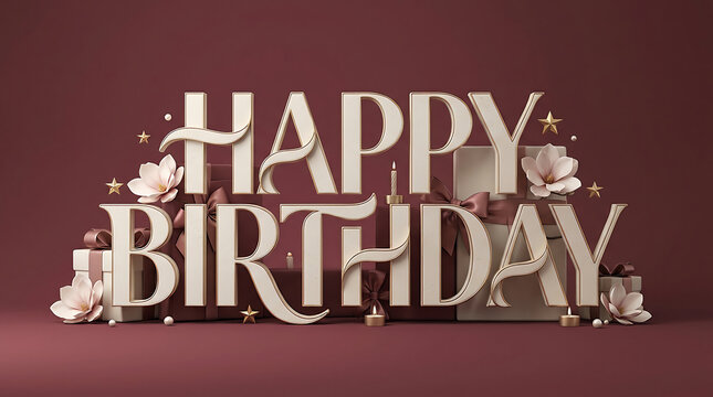 3D Happy Birthday text typography with decorative flowers and gift boxes on a dark red background