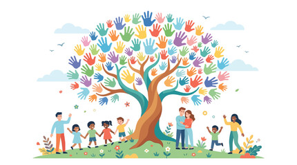 Fototapeta premium Families and children gather together around a colorful handprint tree symbolizing community.