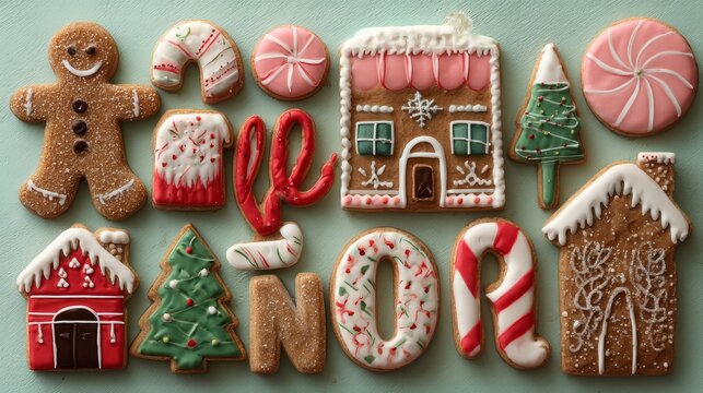 Hand-painted Christmas cookies in assorted shapes gingerbread man, candy cane, house, Noel text arranged in a charming holiday layout