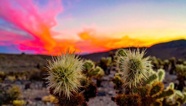 Close up of cholla cactus in pink desert sunset.