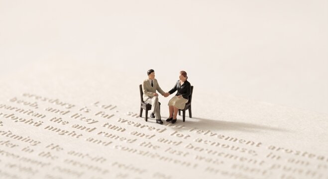 Miniature business people shaking hands on an open text book, representing contract agreement and corporate negotiation.