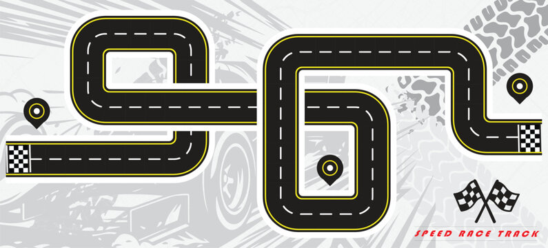 Speed Race Background. Race track in black color with tyre marks and city map on a white background.