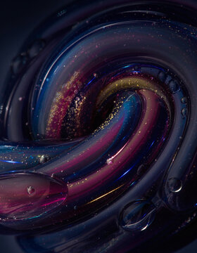 Thick Swirling Dark Violet Viscous Fluid Ribbons with Embedded Gold Stardust