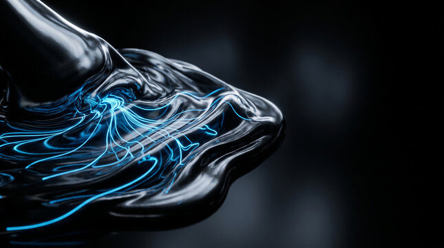 Abstract Dark Viscous Liquid Chrome with Glowing Blue Fiber Optic Streams