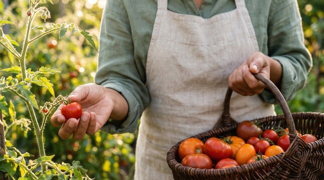 Gardener in apron picking ripe tomatoes from the vine while holding a wicker basket, capturing organic summer harvest and farm-to-table freshness for agricultural marketing and food branding.