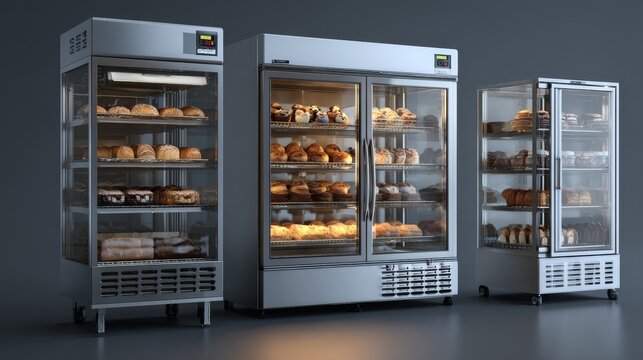 Isolated 3D rendering of commercial refrigeration equipment set including bakery display case and upright glass door fridge