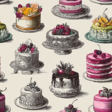 Hand-drawn vintage dessert illustrations of layered cakes with ornate icing details and fruit toppings, repeating pattern for textile or wallpaper