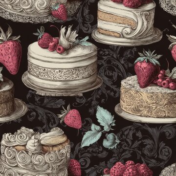 Detailed vector pattern of hand-illustrated lambeth cakes with ornate swirls, fruit garnish, and vintage bakery charm in seamless layout