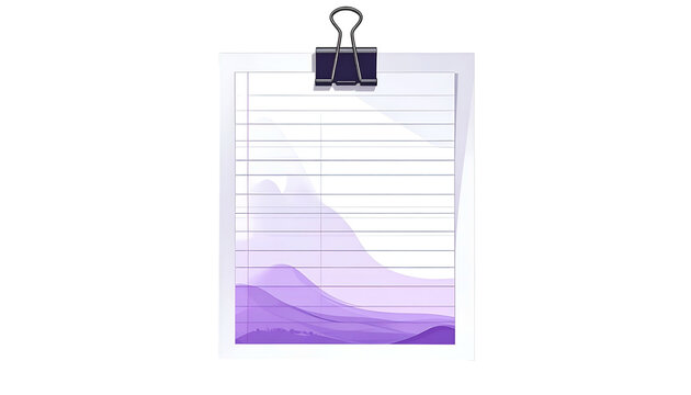 A lined paper document clipped with a metal clip, featuring a purple waveform design