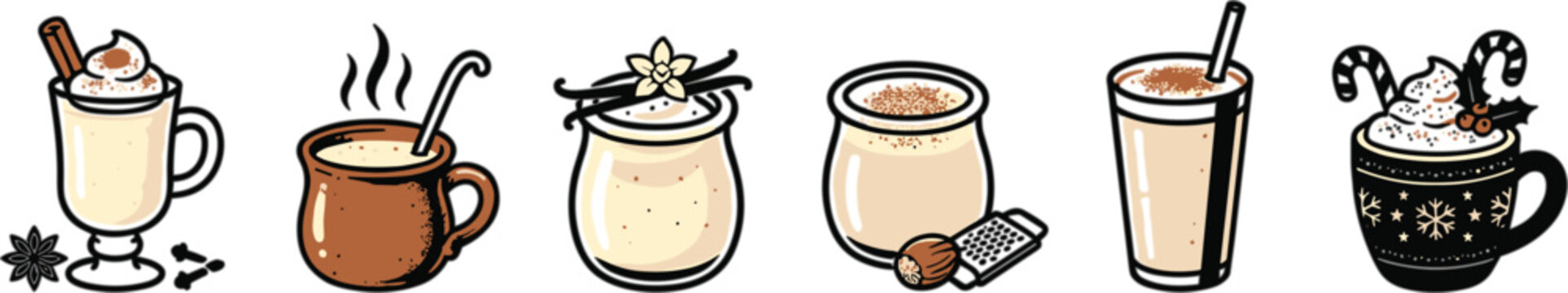Set of various winter holiday drinks including eggnog, hot cocoa, and spiced beverages in mugs and glasses