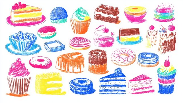 Playful crayon-style drawings of assorted desserts including cakes, cookies, donuts, and muffins, bright childlike colors on white background